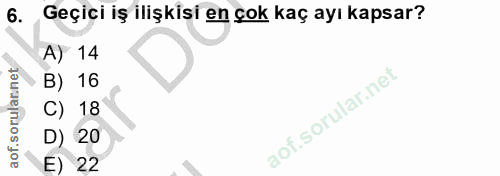 6. soru: Geçici iş ilişkisi en çok kaç ayı kapsar? A) 14 • B) 16 aof.sorulanneti C) 18 D) 20 E) 22