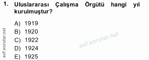 1. soru: Uluslararası Çalışma Örgütü hangi yıl kurulmuştur? A) 1919 B) 1920 C) 1922 D) 1924 E) 1925
