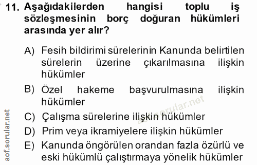 11. soru: Aşağıdakilerden hangisi toplu iş sözleşmesinin borç doğuran hükümleri arasında yer alır? A) Fesih bildirimi sürelerin…
