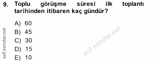 9. soru: Toplu görüşme süresi ilk toplantı tarihinden itibaren kaç gündür? A) 60 B) 45 C) 30 D) 15 E) 10