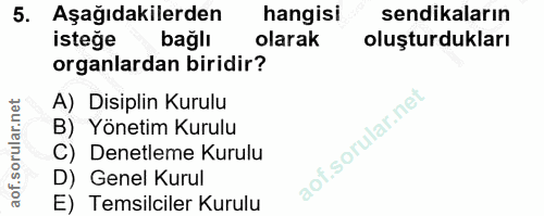 5. soru: Aşağıdakilerden hangisi sendikaların isteğe bağlı olarak oluşturdukları organlardan biridir? A) Disiplin Kurulu B) Yö…