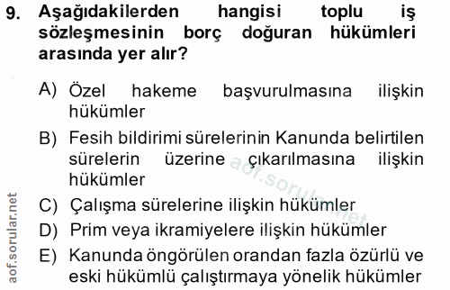 9. soru: Aşağıdakilerden hangisi toplu sözleşmesinin borç doğuran hükümleri arasında yer alır? A) Özel hakeme başvurulmasına i…