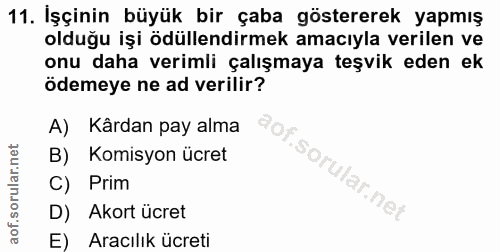 11. soru: İşçinin büyük bir çaba göstererek yapmış olduğu işi ödüllendirmek amacıyla verilen ve onu daha verimli çalışmaya teşv…