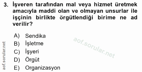 3. soru: İşveren tarafından mal veya hizmet üretmek amacıyla maddi olan ve olmayan unsurlar ile işçinin birlikte örgütlendiği…