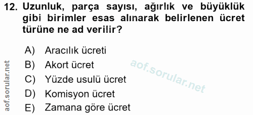 12. soru: Uzunluk, parça sayısı, ağırlık ve büyüklük gibi birimler esas alınarak belirlenen ücret türüne ne ad verilir? A) Arac…