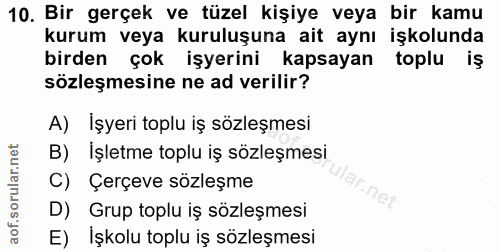 10. soru: Bir gerçek ve tüzel kişiye veya bir kamu kurum veya kuruluşuna ait aynı işkolunda birden çok işyerini kapsayan toplu…