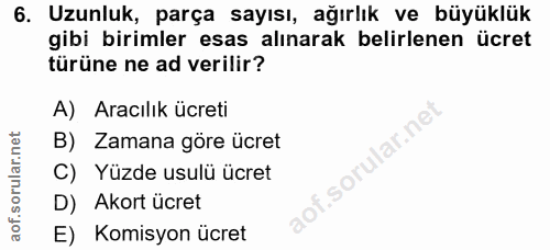6. soru: Uzunluk, parça sayısı, ağırlık ve büyüklük gibi birimler esas alınarak belirlenen ücret türüne ne ad verilir? A) Arac…
