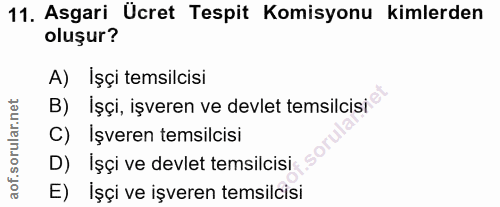 11. soru: Asgari Ücret Tespit Komisyonu kimlerden oluşur? A) İşçi temsilcisi B) Işçi, işveren ve devlet temsilcisi C) İşveren t…