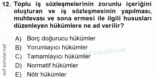 12. soru: Toplu iş sözleşmelerinin zorunlu içeriğini oluşturan ve iş sözleşmesinin yapılması, muhtevası ve sona ermesi ile ilgi…