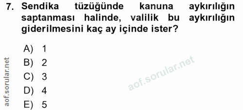 7. soru: Sendika tüzüğünde kanuna aykırılığın saptanması halinde, valilik bu aykırılığın giderilmesini kaç ay içinde ister? A)…