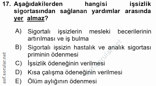 17. soru: Aşağıdakilerden hangisi işsizlik sigortasından sağlanan yardımlar arasında yer almaz? A) Sigortalı işsizlerin mesleki…