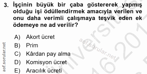 3. soru: İşçinin büyük bir çaba göstererek yapmış olduğu işi ödüllendirmek amacıyla verilen ve onu daha verimli çalışmaya teşv…