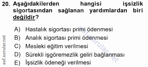 20. soru: Aşağıdakilerden hangisi işsizlik sigortasından sağlanan yardımlardan biri değildir? A) Hastalık sigortası primi ödenm…