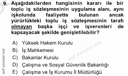 9. soru: Aşağıdakilerden hangisinin kararı ile bir toplu iş sözleşmesinin uygulama alanı, aynı işkolunda faaliyette bulunan an…