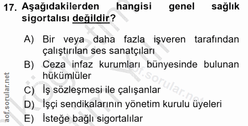 17. soru: Aşağıdakilerden hangisi genel sağlık sigortalısı değildir? A) Bir veya daha fazla işveren tarafından çalıştırılan ses…