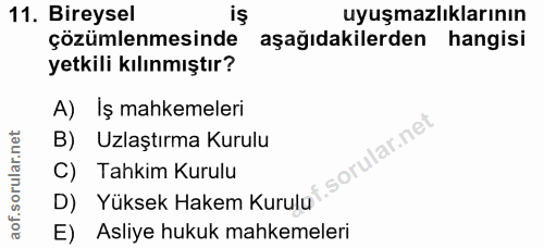 11. soru: Bireysel uyuşmazlıklarının çözümlenmesinde aşağıdakilerden hangisi yetkili kılınmıştır? A) İş mahkemeleri B) Uzlaştır…