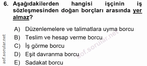 6. soru: Aşağıdakilerden hangisi işçinin is sözleşmesinden doğan borçları arasında yer almaz? A) Düzenlemelere ve talimatlara…