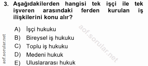 3. soru: Aşağıdakilerden hangisi tek işçi ile tek işveren arasındaki ferden kurulan ilişkilerini konu alır? A) İşçi hukuku B)…