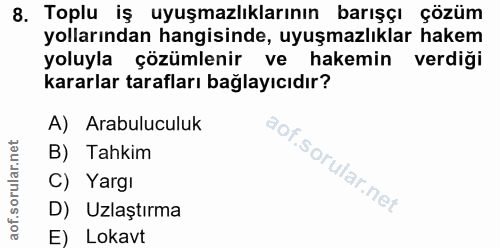 8. soru: Toplu iş uyuşmazlıklarının barışçı çözüm yollarından hangisinde, uyuşmazlıklar hakem yoluyla çözümlenir ve hakemin ve…
