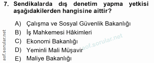 7. soru: Sendikalarda dış denetim yapma yetkisi aşağıdakilerden hangisine aittir? A) Çalışma ve Sosyal Güvenlik Bakanlığı B) İ…