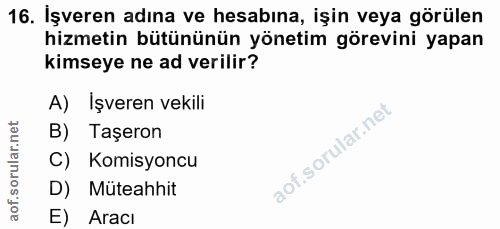 16. soru: İşveren adına ve hesabına, işin veya görülen hizmetin bütününün yönetim görevini yapan kimseye ne ad verilir? A) Işve…
