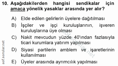 10. soru: Aşağıdakilerden hangisi sendikalar için amaca yönelik yasaklar arasında yer alır? A) Elde edilen gelirlerin üyelere d…