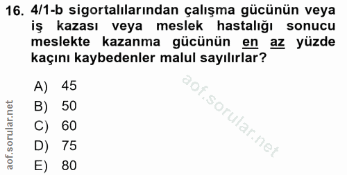 16. soru: 4/1-b sigortalılarından çalışma gücünün veya iş kazası veya meslek hastalığı sonucu meslekte kazanma gücünün en az yü…