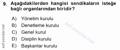 9. soru: Aşağıdakilerden hangisi sendikaların isteğe bağlı organlarından biridir? A) Yönetim kurulu B) Denetleme kurulu C) Gen…