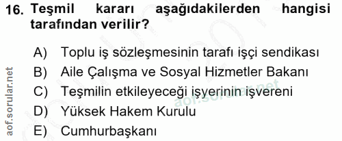 16. soru: Teşmil kararı aşağıdakilerden hangisi tarafından verilir? A) Toplu iş sözleşmesinin tarafı işçi sendikası B) Aile Çal…