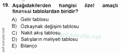 19. soru: Aşağıdakilerden hangisi özel amaçlı finansal tablolardan biridir? A) Gelir tablosu B) Özkaynak değişim tablosu C) Nak…