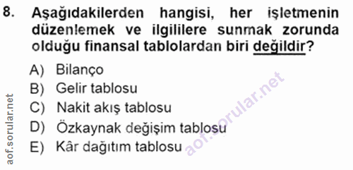 8. soru: Aşağıdakilerden hangisi, her işletmenin düzenlemek ve ilgililere sunmak zorunda olduğu finansal tablolardan biri deği…
