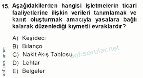 15. soru: Aşağıdakilerden hangisi işletmelerin ticari faaliyetlerine ilişkin verileri tanımlamak ve kanıt oluşturmak amacıyla y…