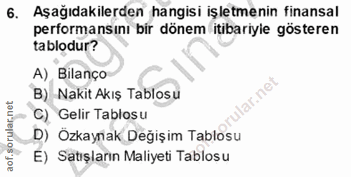 6. soru: Aşağıdakilerden hangisi işletmenin finansal performansını bir dönem itibariyle gösteren tablodur? A), Bilanço B) Naki…