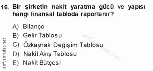 16. soru: Bir şirketin nakit yaratma gücü ve yapısı hangi finansal tabloda raporlanır? A) Bilanço B) Gelir Tablosu C) Ozkaynak…