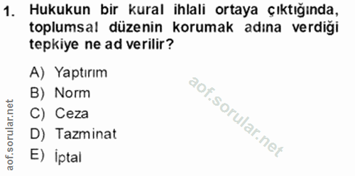 1. soru: Hukukun bir kural ihlali ortaya çıktığında, toplumsal düzenin korumak adına verdiği tepkiye ne ad verilir? A) Yaptırı…