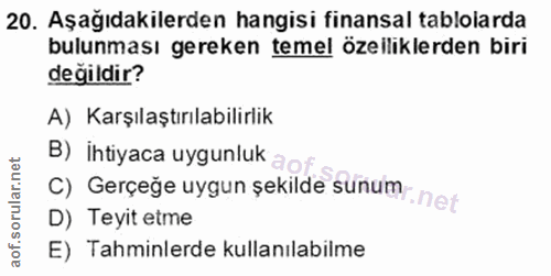 20. soru: Aşağıdakilerden hangisi finansal tablolarda bulunması gereken temel özelliklerden biri değildir? A) Karşılaştırılabil…