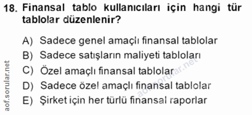 18. soru: Finansal tablo kullanıcıları için hangi tür tablolar düzenlenir? A) Sadece genel amaçiı finansal tablolar B) Sadece s…