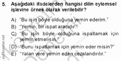 5. soru: Aşağıdaki ifadelerden hangisi dilin eylemsel işlevine örnek olarak verilebilir? A) "Bu işin böyle olduğuna yemin eder…