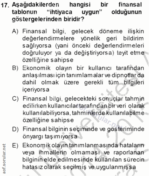 17. soru: Aşağıdakilerden hangisi bir finansal tablonun "ihtiyaca uygun" olduğunun göstergelerinden biridir? A) Finansal bilgi,…