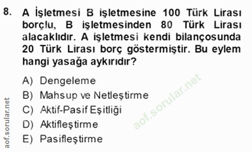 8. soru: A İşletmesi B işletmesine 100 Türk Lirası borçlu, B işletmesinden 80 Türk Lirası alacaklıdır. A işletmesi kendi bilan…