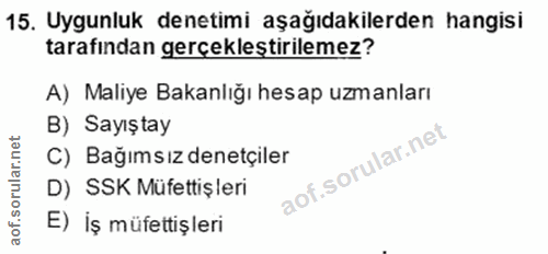 15. soru: Uygunluk denetimi aşağıdakilerden hangisi tarafından gerçekleştirilemez? A) Maliye Bakanlığı hesap uzmanları B) Sayış…