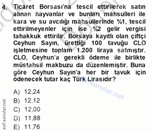 4. soru: Ticaret Borsası'na tescil ettirilerek satın alınan hayvanlar ve bunları mahsulleri ile kara ve su avcılığı mahsulleri…