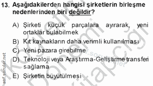 13. soru: Aşağıdakilerden hangisi şirketlerin birleşme nedenlerinden biri değildir? A) Şırketi küçük parçalara ayırarak, yeni o…