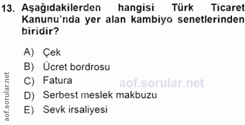 13. soru: Aşağıdakilerden hangisi Türk Ticaret Kanunu'nda yer alan kambiyo senetlerinden biridir? A) Çek B) Ücret bordrosu C) F…