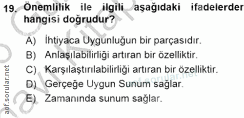 19. soru: Önemlilik ile ilgili aşağıdaki ifadelerder hangisi doğrudur? A) İhtiyaca Uygunluğun bir parçasıdır. B) Anlaşılabilirl…