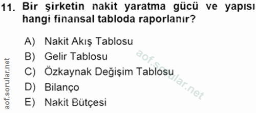 11. soru: Bir Şirketin nakit yaratma gücü ve yapısı hangi finansal tabloda raporlanır? A) Nakit Akış Tablosu B) Gelir Tablosu D…