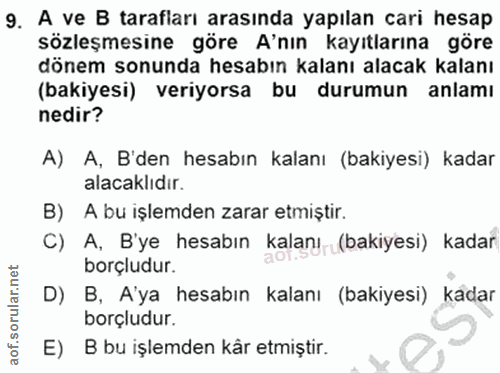 9. soru: A ve B tarafları arasında yapılan cari hesap sözleşmesine göre A'nın kayıtlarına göre dönem sonunda hesabın kalanı al…