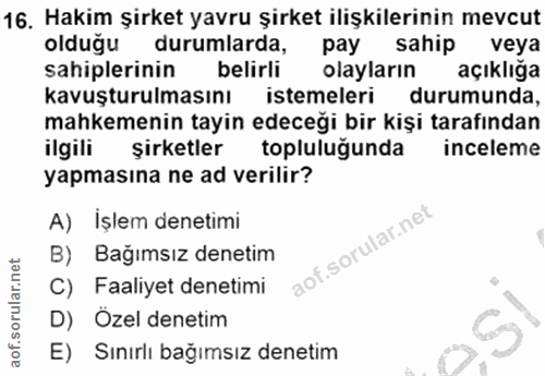 16. soru: Hakim şirket yavru şirket ilişkilerinin mevcut olduğu i durumlarda, pay sahip veya sahiplerinin belirli olayların açı…