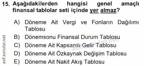 15. soru: Aşağıdakilerden hangisi genel amaçlı finansal tablolar seti içinde yer almaz? A) Döneme Ait Vergi ve Fonların Dağılım…