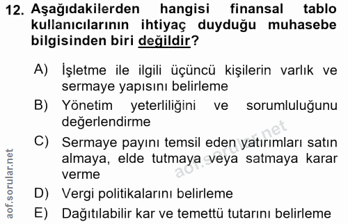 12. soru: Aşağıdakilerden hangisi finansal tablo kullanıcılarının ihtiyaç duyduğu muhasebe bilgisinden biri değildir? A) İşletm…